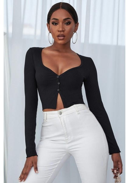 Kadın Siyah Uzun Kollu Düğmeli Göğüs ve Göbek Dekolteli Crop Top Bluz