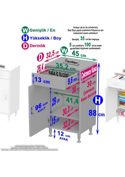 Emir 45 x 88 x 32,5 cm Mutfak Dolabı 1 Çekmece 1 Kapak 2 Raf 3 Gözlü Organizatör Çok Amaçlı Dolap