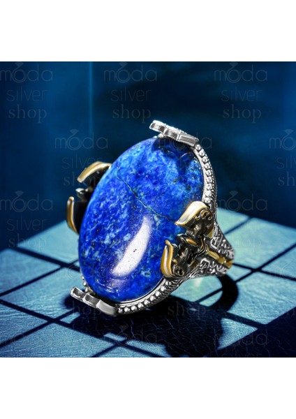 Gümüş Büyük Kasa Lapis Lazuli Taşlı Balta Tasarım Erkek Yüzük fiyatları