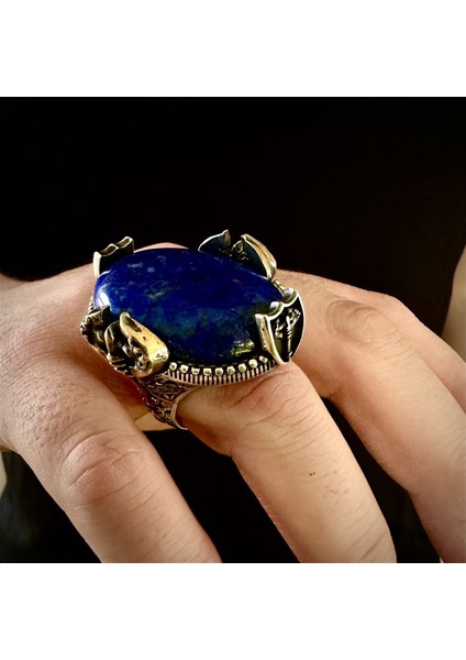 Gümüş Büyük Kasa Lapis Lazuli Taşlı Balta Tasarım Erkek Yüzük modelleri