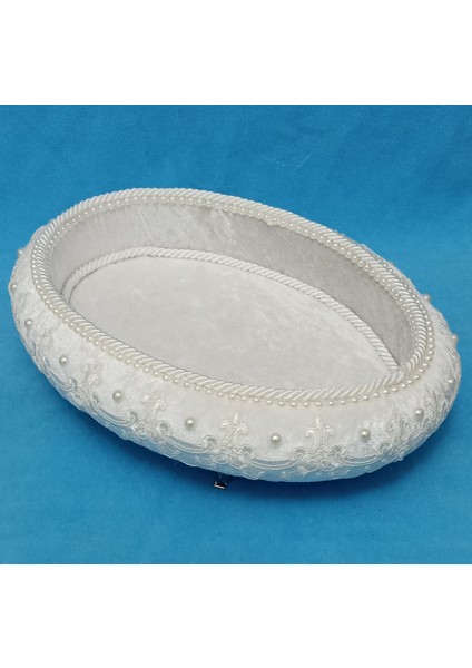 Ayaklı Oval Kadife Kaplı Güpürlü Havluluk Organizer Hediyelik Bohçalık Çeyizlik