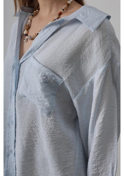 Cepli Oversize Gömlek - Bebe Mavisi