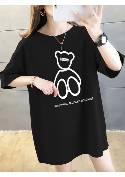 Baskılı Oversize Bisiklet Yaka T-Shirt - Siyah