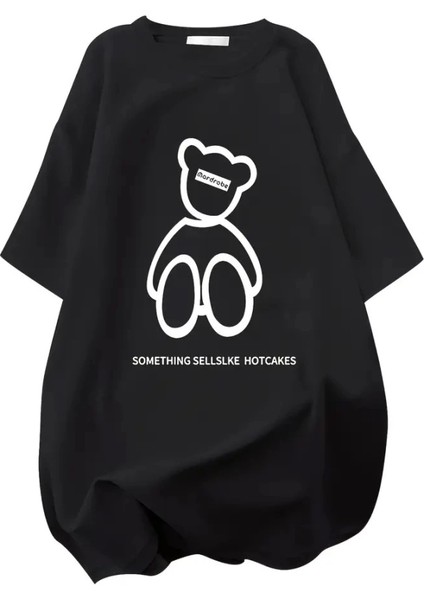 Baskılı Oversize Bisiklet Yaka T-Shirt - Siyah
