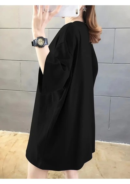 Baskılı Oversize Bisiklet Yaka T-Shirt - Siyah