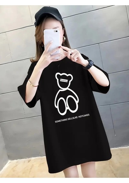 Baskılı Oversize Bisiklet Yaka T-Shirt - Siyah