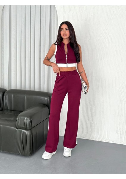 Osy Modal Yumuşak Dokulu Kumaş Tam Fermuarlı Crop Pantalon Ikili Takım - Bordo