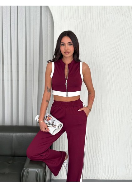 Osy Modal Yumuşak Dokulu Kumaş Tam Fermuarlı Crop Pantalon Ikili Takım - Bordo