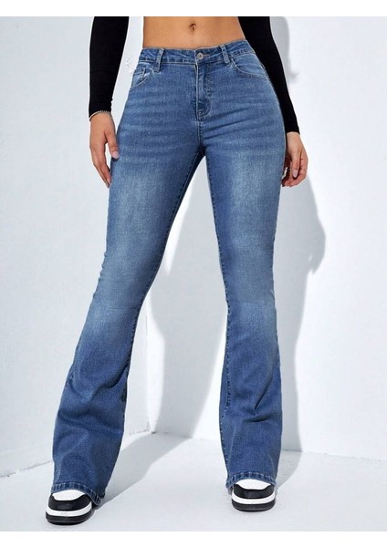 Kadın Yüksek Bel Cepli Ispanyol Paçalı Kot Jeans Pantolon