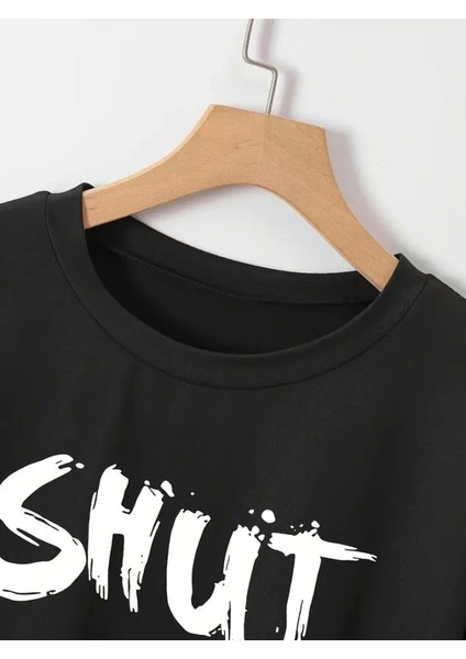 Baskılı Oversize Bisiklet Yaka T-Shirt - Siyah
