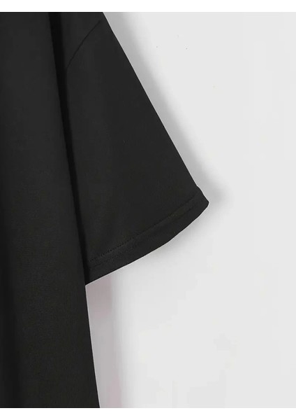 Baskılı Oversize Bisiklet Yaka T-Shirt - Siyah