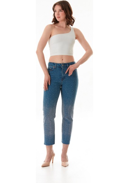 Taşlı Yüksek Bel Mom Jean