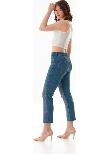 Taşlı Yüksek Bel Mom Jean