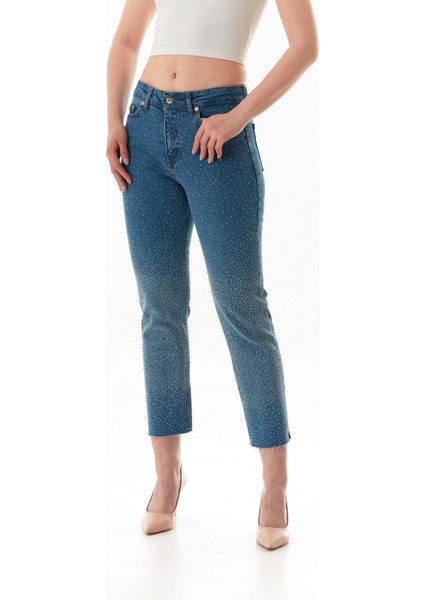 Taşlı Yüksek Bel Mom Jean