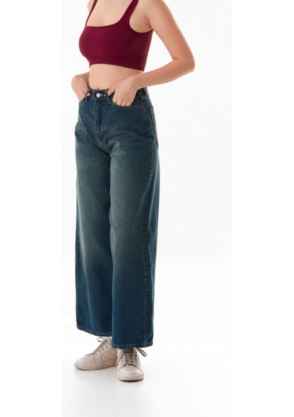 Yüksek Bel Fermuarlı Baggy Jean