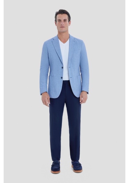 Erkek Mavi Çizgili Mono Yaka Slim Fit Ceket