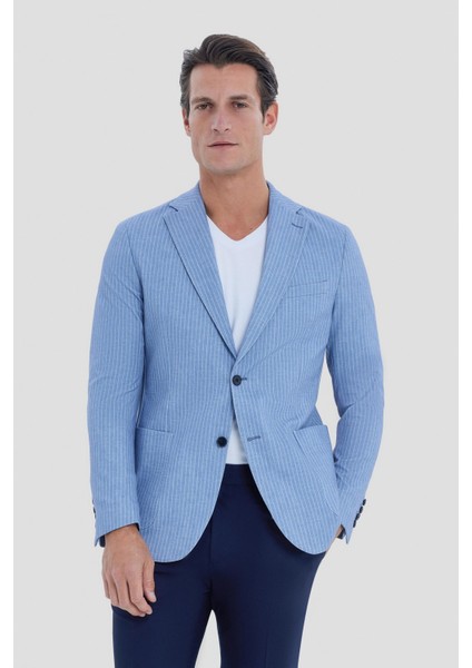 Erkek Mavi Çizgili Mono Yaka Slim Fit Ceket fiyatları