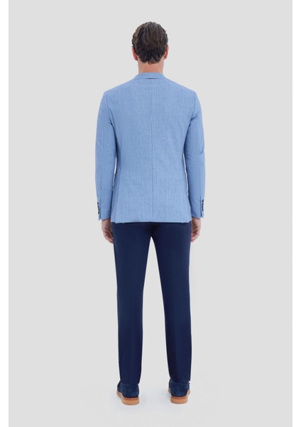 Erkek Mavi Çizgili Mono Yaka Slim Fit Ceket modelleri