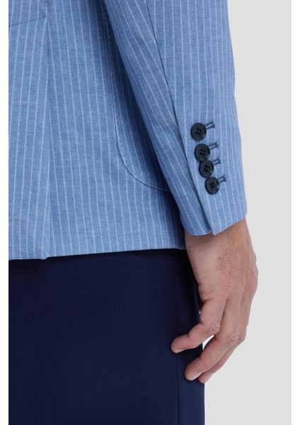 Erkek Mavi Çizgili Mono Yaka Slim Fit Ceket fırsatları