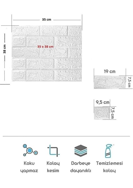 Kendinden Yapışkanlı Duvar Kağıdı Esnek Köpük Paneli 3D Tuğla Desen Beyaz 1 Adet 35X38 cm