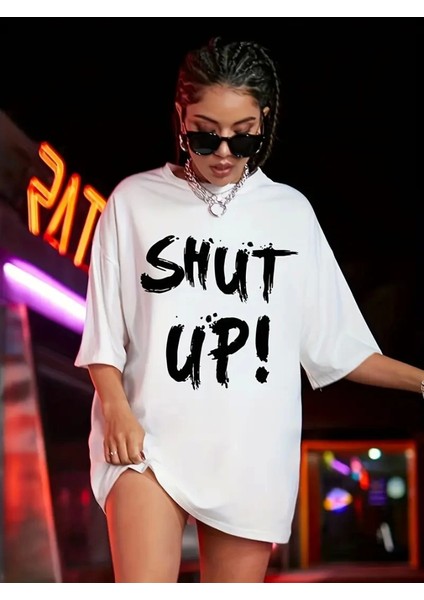 Baskılı Oversize Bisiklet Yaka T-Shirt - Beyaz