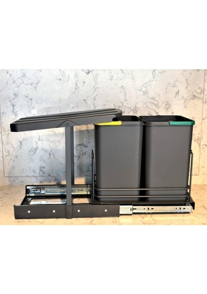 S-2392 Antrasit 12 12 Litre Çöp Kovası Dolap Içi Teleskopik Raylı