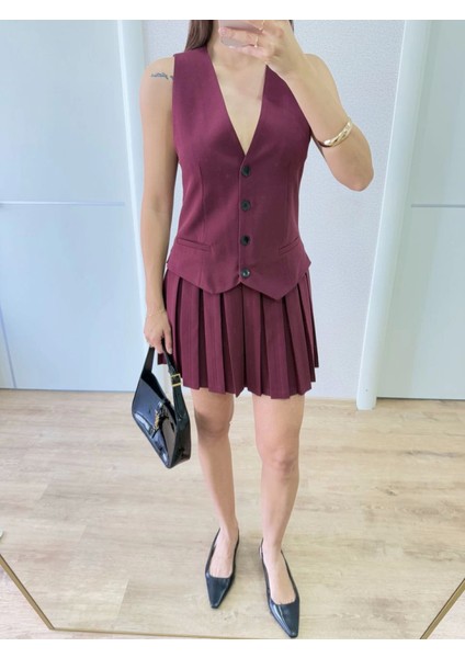 Takım Görünümlu Yelekli Mini Elbise- Bordo