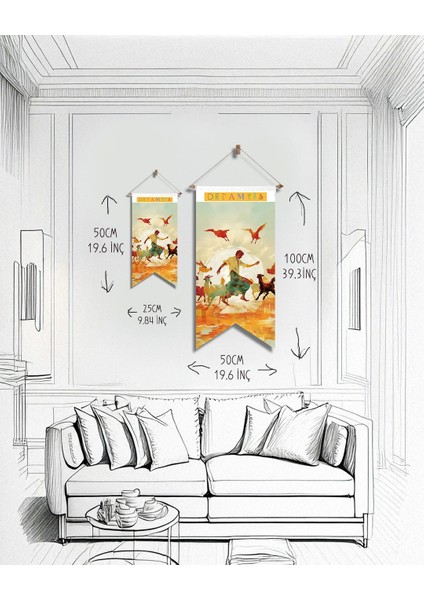 Renkli Sanatsal Duvar Bayrağı – Kadın ve Hayvan Figürlü Modern Kumaş Duvar Dekoru | 25 x 50 – 50 x 100 cm