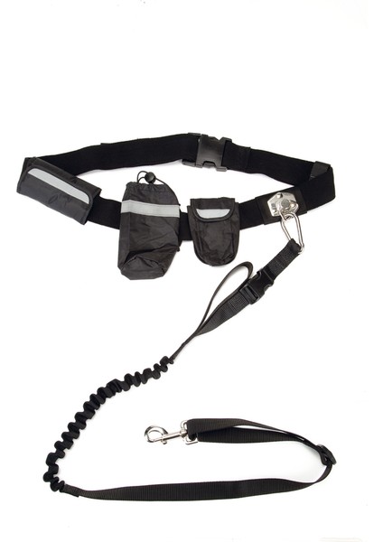 Köpek Yürüyüş ve Koşu Şok Emicili Gezdirme Kayışı ve Bel Kemeri, Siyah, 100-130cm, 25mm