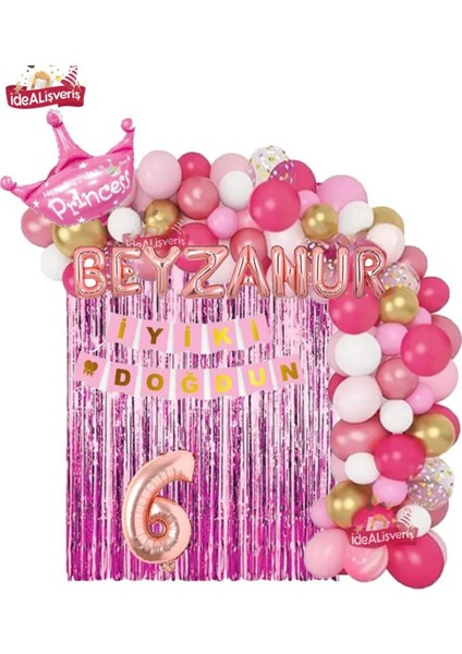 7 Harfli Rose Isimli Pembe Beyaz Konseptli Kraliçe Taçlı Doğum Günü Balon Zincir Parti Seti Süsü