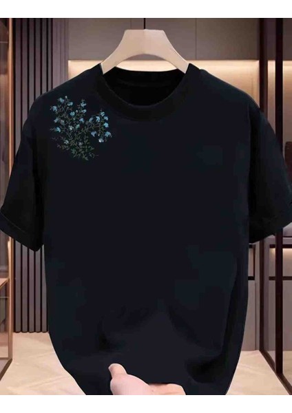 Mavi Çiçek Baskılı Özel Tasarım Oversize Tshirt