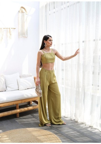 Keten Gi̇peli̇ Crop ve Pantolon Iki̇li̇ Takim