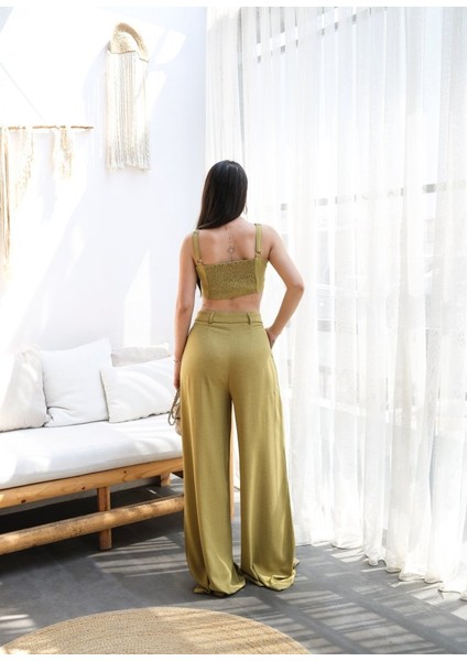 Keten Gi̇peli̇ Crop ve Pantolon Iki̇li̇ Takim