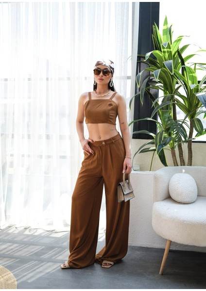 Keten Gi̇peli̇ Crop ve Pantolon Iki̇li̇ Takim
