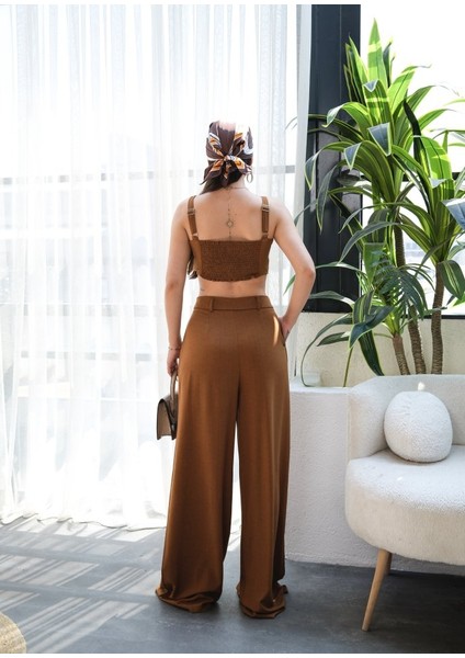 Keten Gi̇peli̇ Crop ve Pantolon Iki̇li̇ Takim