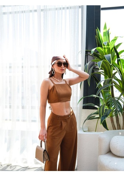 Keten Gi̇peli̇ Crop ve Pantolon Iki̇li̇ Takim