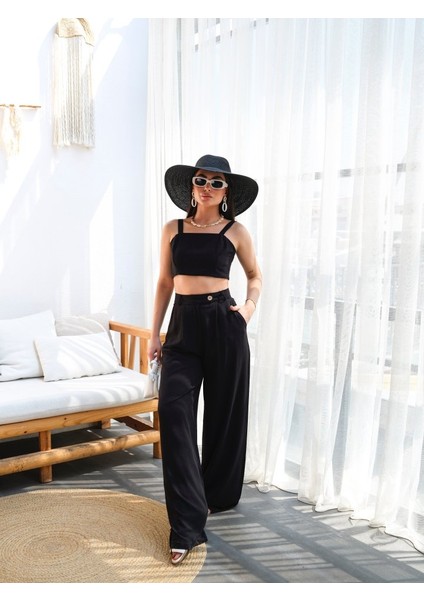 Keten Gi̇peli̇ Crop ve Pantolon Iki̇li̇ Takim