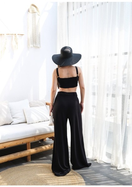 Keten Gi̇peli̇ Crop ve Pantolon Iki̇li̇ Takim