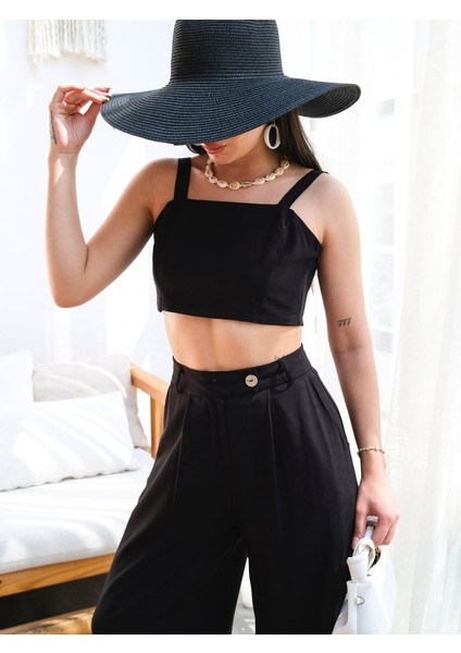 Keten Gi̇peli̇ Crop ve Pantolon Iki̇li̇ Takim