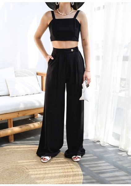 Keten Gi̇peli̇ Crop ve Pantolon Iki̇li̇ Takim