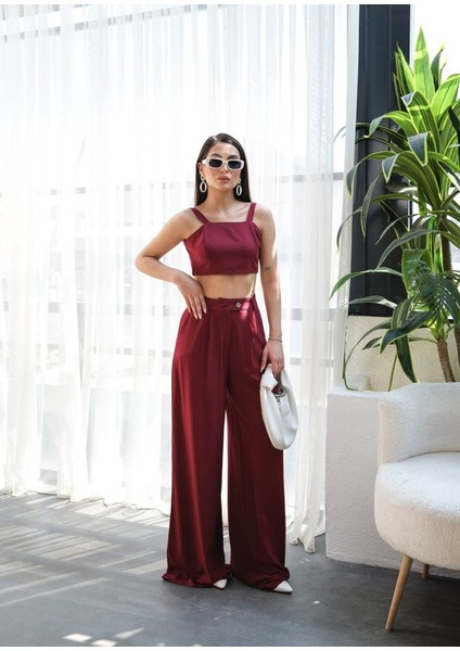 Keten Gi̇peli̇ Crop ve Pantolon Iki̇li̇ Takim