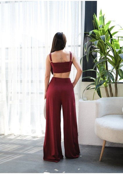 Keten Gi̇peli̇ Crop ve Pantolon Iki̇li̇ Takim