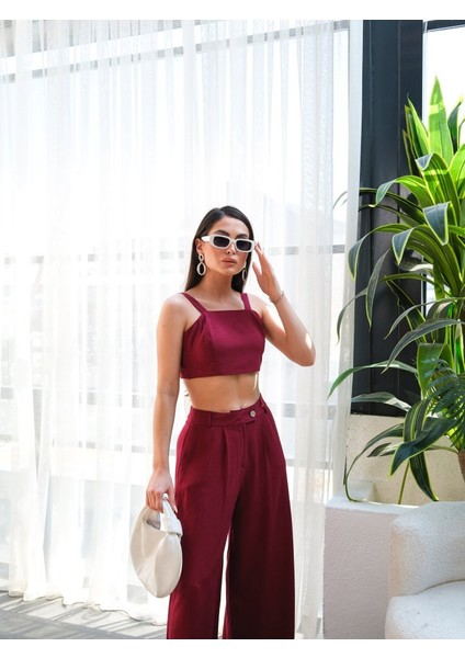 Keten Gi̇peli̇ Crop ve Pantolon Iki̇li̇ Takim