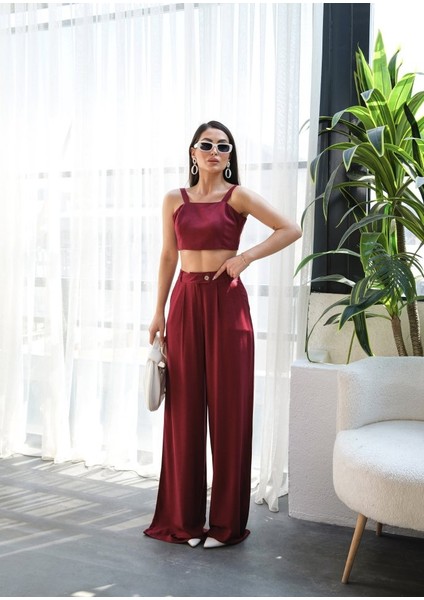 Keten Gi̇peli̇ Crop ve Pantolon Iki̇li̇ Takim