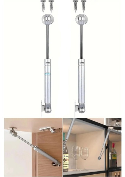 2 Adet Dolap Kapak Pistonu Mutfak Dolabı Kapağı Gazlı Amortisörlü Piston 100N / 25CM - Gri Renk