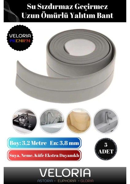 Premium Seri Su Geçirmez Sızdırmaz Dayanıklı Yağ Kenar Küf Önleyici 3.2 M Gri Izolasyon Bant 5 Adet