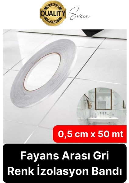 Premium Kendinden Yapışkanlı Gri Gümüş Renk Fayans Derz Arası Izolasyon Bandı Dekoratif Bant 0,5 cm