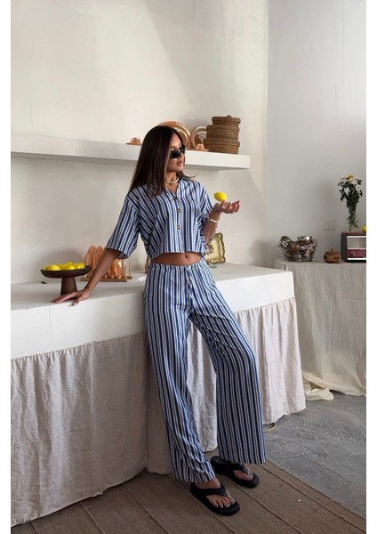 Çizgili Crop Gömlek - Salaş Pantolon Takım Modal - Mavi
