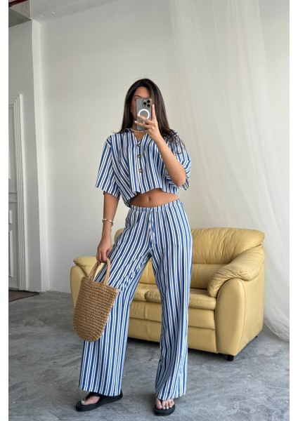 Çizgili Crop Gömlek - Salaş Pantolon Takım Modal - Mavi