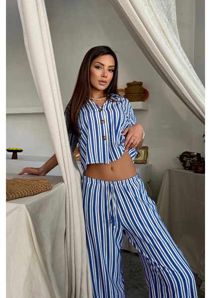 Çizgili Crop Gömlek - Salaş Pantolon Takım Modal - Mavi